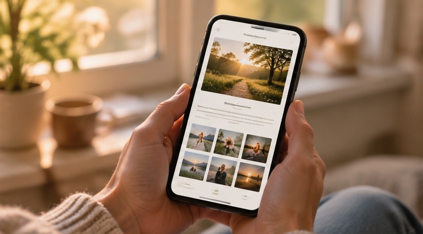 A phone showing a free memorial page with a photo gallery and a guestbook, held in two hands