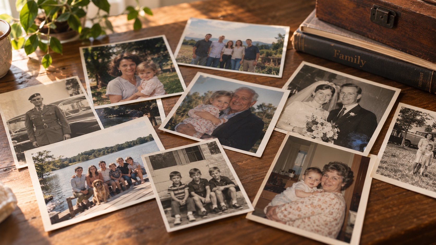 An arrangement of family photographs from different decades spread across a wooden table