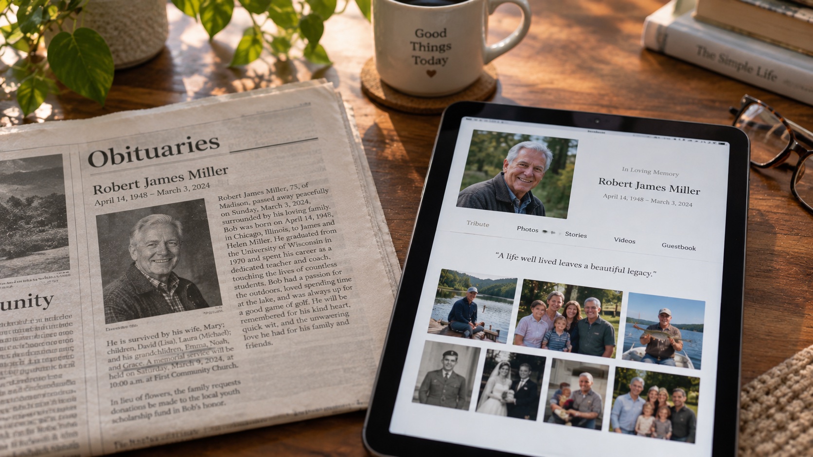 Split scene: a printed newspaper obituary on the left, a photo-filled memorial page on a tablet on the right