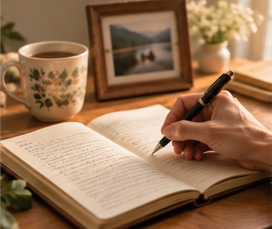 A hand writing in a notebook beside a warm cup of tea and a framed photograph